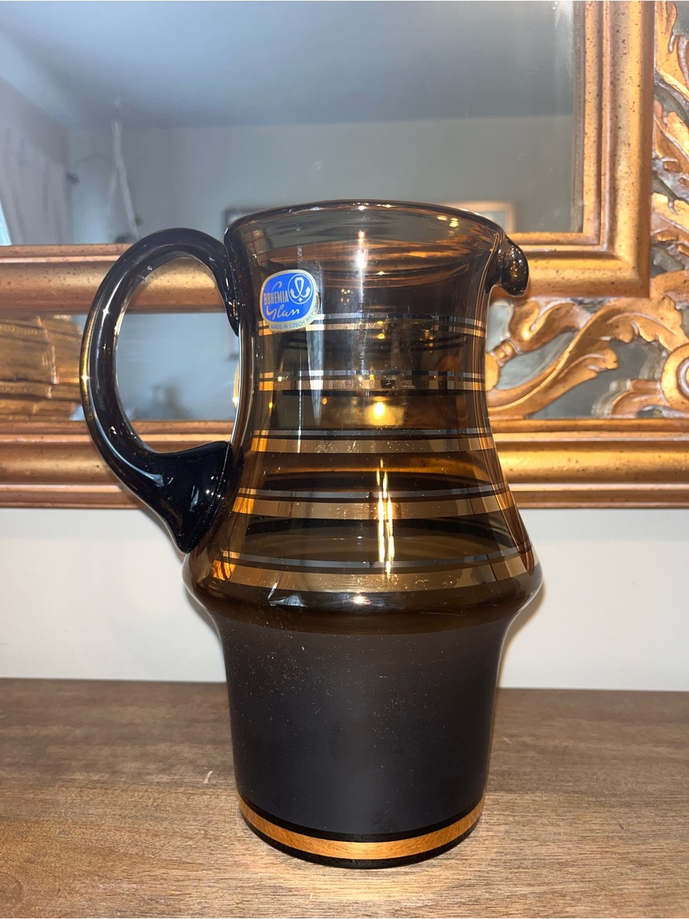 Vintage Bohemia Glass Smoky Amber Glass Pitcher with Gold Banding Czech Republic